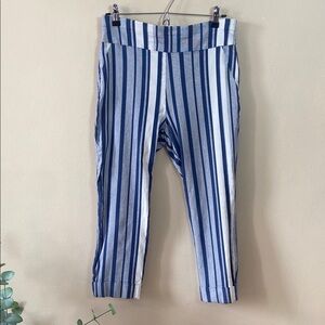 Stretch New York & Co Blue White Striped Pants Large Ankle Summer Coastal Preppy